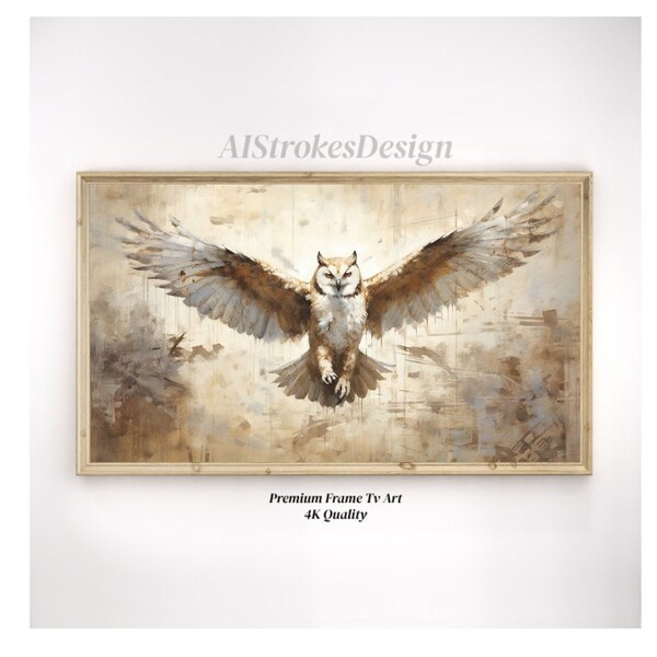 Rustic Style Owl Flying, Winter Theme, Oil Painting, Ideal for Farmhouse Wall Decor