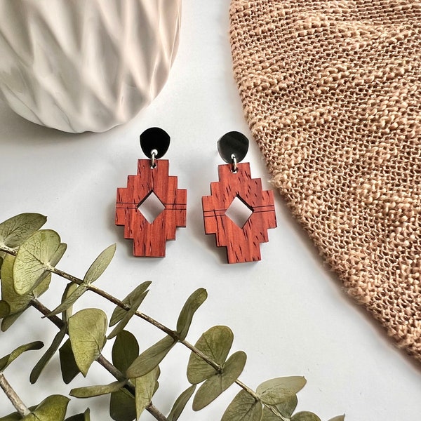 Aztec Western Wooden Dangle Earrings Wood and Acrylic Drop Earrings Cowgirl Earring Studs Boho Statement Jewelry Gift For Mom Mother's Day