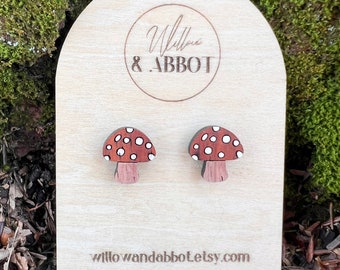 Mushroom Earrings Handmade Wood Earrings Cottagecore Toadstool Earrings Fairy Circle Tiny Stud Earrings Food Earrings Anniversary Gift