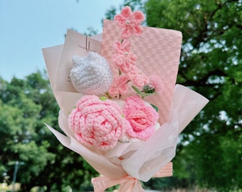 Handmade pink rose bouquets, chubby tulip crochet flowers, original customized pink peach crochet finished products, roses, peach blossoms