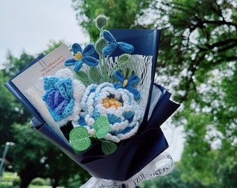 Blue rose bouquet, original hand knit crochet bouquet, roses, peonies, orchids, lilies, tulips customized crochet flower decorations