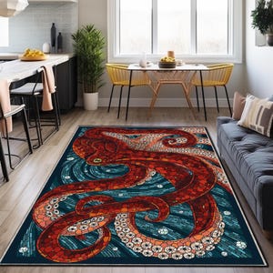 Octopus Rug, Living Room Bedroom Beach House Decor Carpet, Housewarming Gift, Magical Octopus Rug, Mosaic Pattern Rug, Colorful Rug Carpet