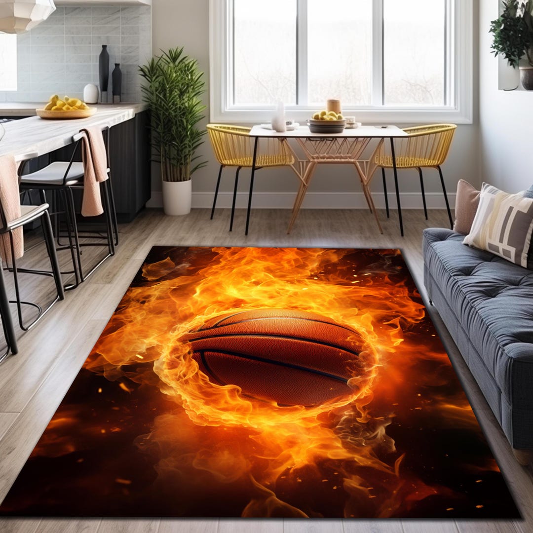 Fiery Basketball Ball Rug, Fiery Themed Rug, Basketball Rug, Sport Rug ...