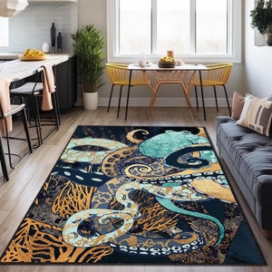 Octopus Rug, Living Room Bedroom Beach House Decor Carpet, Housewarming Gift, Magical Octopus Rug, Mosaic Pattern Rug, Colorful Rug Carpet