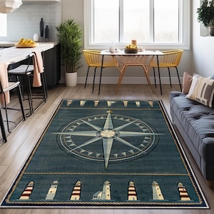 Sailor Compass Rug, Lighthouse Rug, Coastal Beach Decor Rug, Compass Rug, Navy Blue and Beige Rug, Living Room Rug, Non Slip Rug, Area Rug