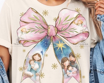 Jesus Christmas Coquette Bow Png, Christian Christmas Png, Nativity Scene Png, Baby Jesus Png, Bible Verse Png, Glitter, Pink, Christmas Png