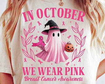 In October We Wear Pink Png, Retro Breast Cancer Png, Cute Pink Ghost Png, Breast Cancer Awareness Png, Cancer Survivor Png Sublimation