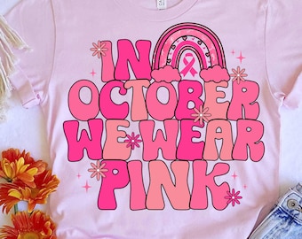 Im Oktober tragen wir rosa PNG, Retro BRUSTKREBS Png, Brustkrebs Sublimationsdesign, rosa Krebsband Png, digitaler Download