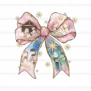 Jesus Christmas Coquette Bow Png, Christian Christmas Png, Nativity Scene Png, Baby Jesus Png, Bible Verse Png, Glitter Pink Christmas Png
