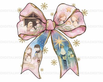 Jesus Christmas Coquette Bow Png, Christian Christmas Png, Nativity Scene Png, Baby Jesus Png, Bible Verse Png, Glitter Pink Christmas Png