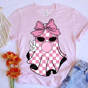 Cute Girly Ghost Blowing Bubble PNG, Checkered Ghost Coquette Bow Png ...