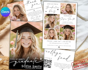 Op de afbeelding: Een verzameling afstudeeraankondigingen en bedankkaarten met een jonge vrouw in een afstudeerhoed. De kaarten bevatten de naam van de afgestudeerde, de school en de evenementdetails. Het ontwerp is elegant met bloemaccenten en een Canva-logo.