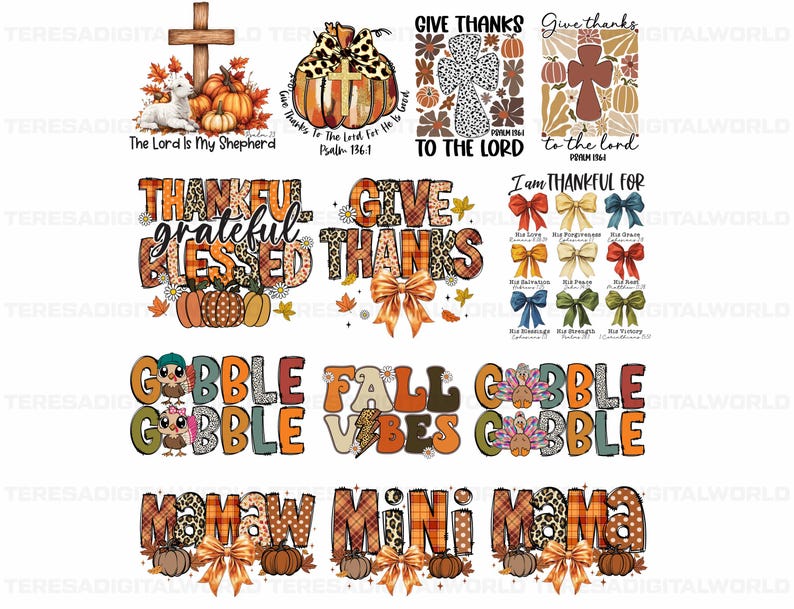 May include: A digital design sheet with various Thanksgiving themed graphics. The designs include a turkey, pumpkins, fall leaves, bows, and text that says "Gobble", "Fall Vibes", "Give Thanks", "Thankful Grateful Blessed", and "Mamaw Mini Mama".