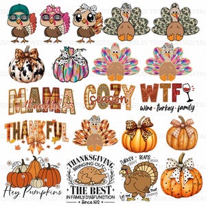 May include: A digital design sheet featuring Thanksgiving-themed illustrations. The designs include turkeys, pumpkins, fall leaves, and text phrases like "Mama Thankful", "Cozy Season", "WTF Wine Turkey Family", and "Hey Pumpkins".