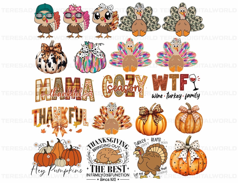 May include: A digital design sheet featuring Thanksgiving-themed illustrations. The designs include turkeys, pumpkins, fall leaves, and text phrases like "Mama Thankful", "Cozy Season", "WTF Wine Turkey Family", and "Hey Pumpkins".