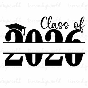 May include: Black graphic design with the text "Class of 2020" and a graduation cap. The numbers are split into two lines, with the year below the words.