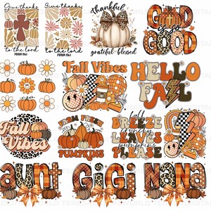 May include: A set of 10 digital designs featuring fall-themed illustrations and text. The designs include pumpkins, leaves, and phrases like "Fall Vibes", "Hello Fall", and "Farm Fresh Pumpkins".