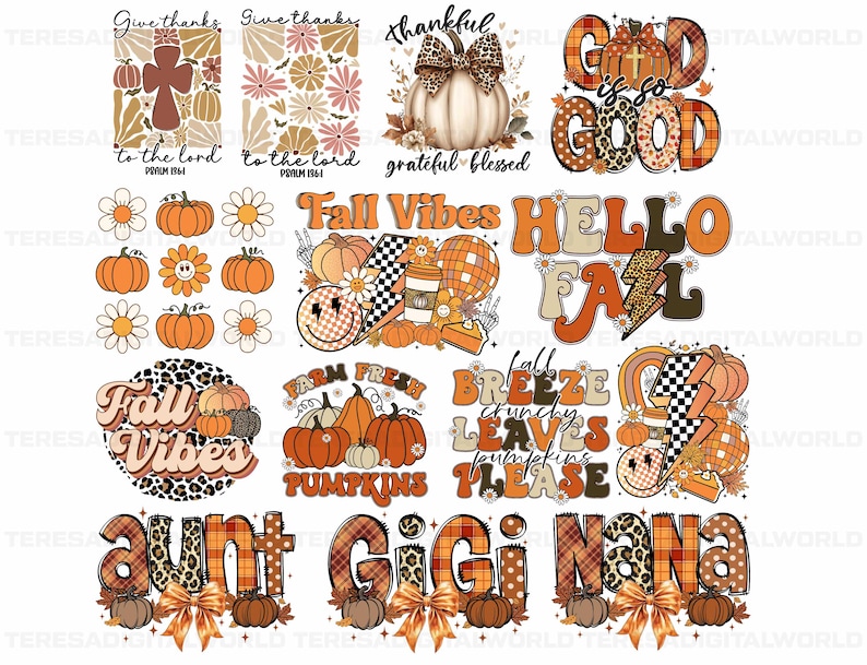 May include: A set of 10 digital designs featuring fall-themed illustrations and text. The designs include pumpkins, leaves, and phrases like "Fall Vibes", "Hello Fall", and "Farm Fresh Pumpkins".