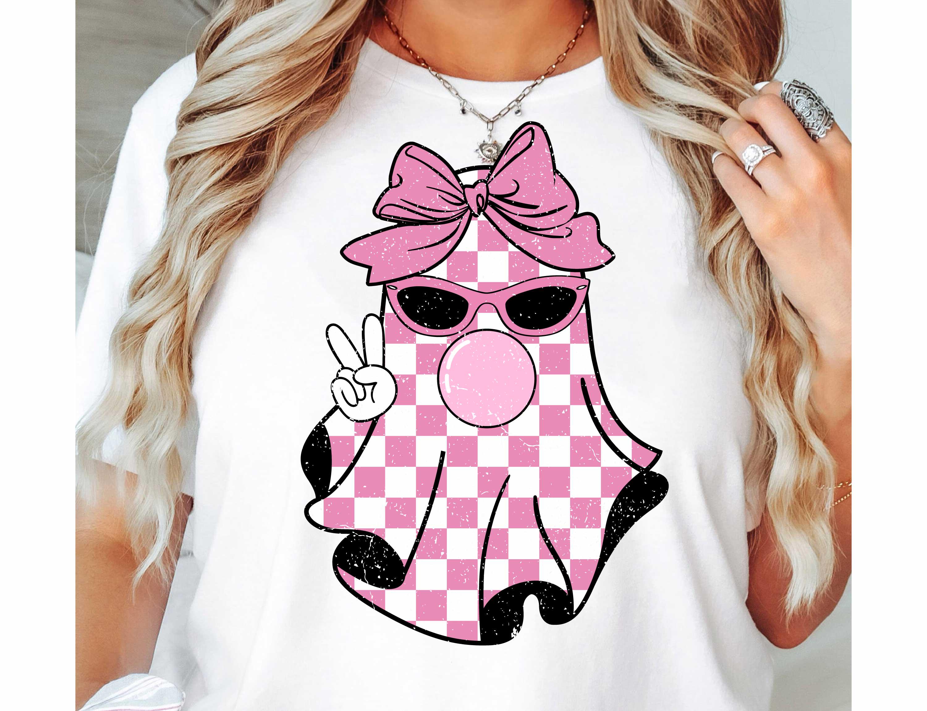Cute Girly Ghost Blowing Bubble PNG, Checkered Ghost Coquette Bow Png ...
