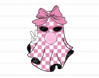Süßer Girly Geist bläst Blase PNG, karierter Geist Kokette Bogen Png, süßer rosa Geist Png, Halloween Geist Png, Halloween Png Sublimation