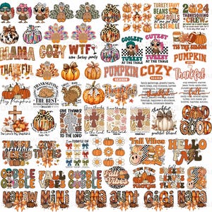May include: A digital sheet of Thanksgiving-themed designs featuring pumpkins, turkeys, fall leaves, and various phrases like "Mama Cozy", "Gobble Gobble", and "Fall Vibes".