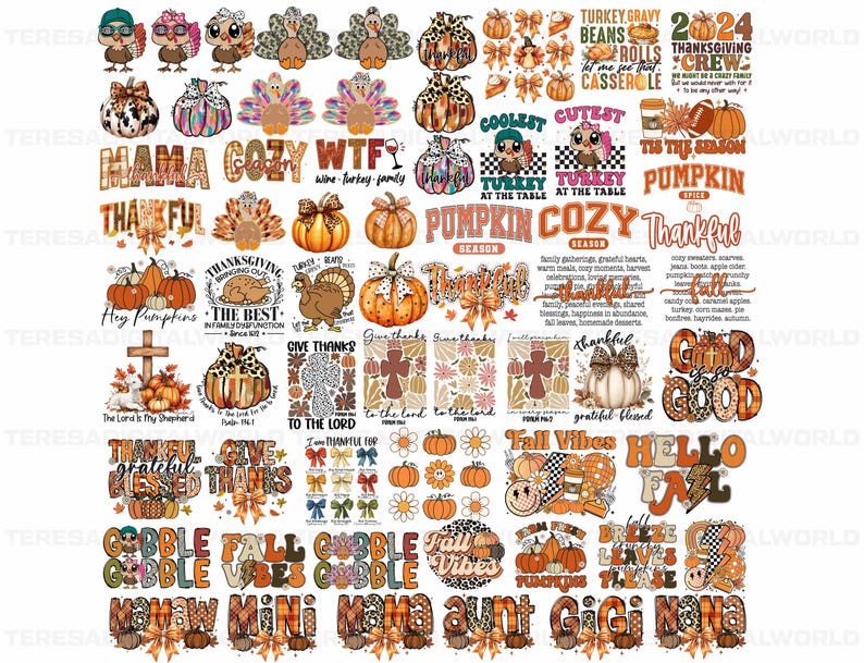 May include: A digital sheet of Thanksgiving-themed designs featuring pumpkins, turkeys, fall leaves, and various phrases like "Mama Cozy", "Gobble Gobble", and "Fall Vibes".