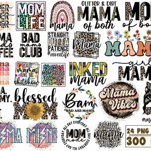 Pode incluir: Um conjunto de 24 designs digitais com v&aacute;rias frases e gr&aacute;ficos relacionados &agrave; maternidade. Os designs incluem estampa de leopardo, elementos florais e texto colorido. O texto inclui frases como "Mama", "Mom Life", "Bad Moms Club" e "Inked Mama".