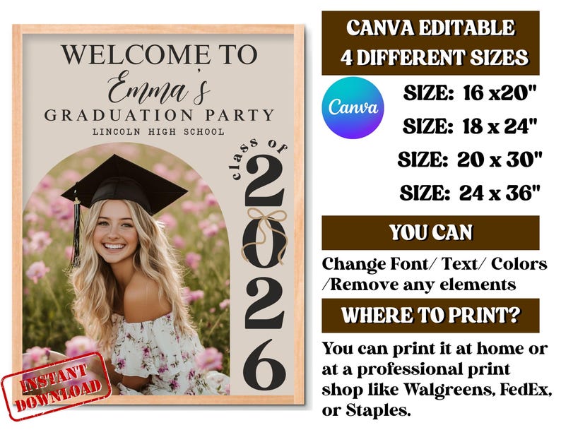 Pode incluir: Um letreiro de festa de formatura com o texto "Welcome to Emma's Graduation Party" e "Class of 2026". O letreiro inclui uma foto de uma graduada sorrindo com chap&eacute;u e beca. O letreiro &eacute; edit&aacute;vel no Canva e est&aacute; dispon&iacute;vel em quatro tamanhos.