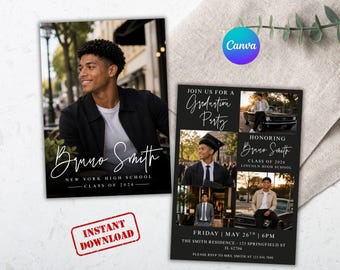 Modern Graduation Invitation Canva Template, Senior Party Announcement, Boys Grad Party Invite (Digital Download)