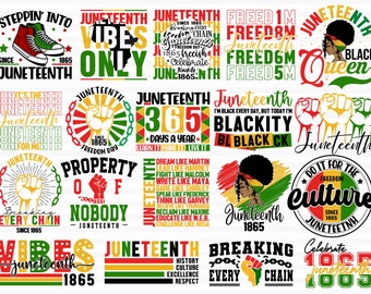May include: A collection of 15 colorful digital designs celebrating Juneteenth, a holiday commemorating the emancipation of enslaved African Americans in the United States. The designs feature various phrases and images, including "Juneteenth Vibes Only", "Breaking Every Chain", "Property of Nobody", "Blackity", and "Do It For The Culture".