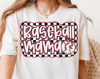 May include: White t-shirt with a black and white chequered graphic that says "Baseball Mama" with a red and white baseball with a red bow on top.