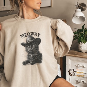 Meowdy Partner Crewneck, Black Cat Lover Sweater, Funny Meme Sweatshirt, Cowboy Cat Kitty Country Western Top, Cat Owner Clothing Gift Mom