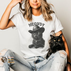 Meowdy Partner Cat Shirt, Black Cat Lover Bellc Canvas 3001, Funny Meme, Cowboy Cat Kitty Country Western Top, Cat Owner Clothing Gift Mom