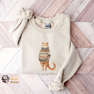 Somber uitziende dikke kat in schattige trui sweatshirt, oranje tabby met schattige oversized trui, kat moeder cadeau, kat vader cadeau voor kattenliefhebber