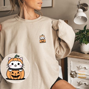 Cute Kawaii Pumpkin Cat Halloween Sweater, Cat Lover Sweatshirt, Kitty Fall Sweatshirt, Halloween Crewneck, Cat Owner Gifts, Gift for Cats