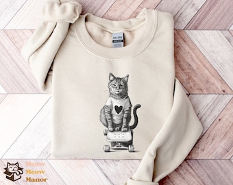 Pull avec chat et skateboard, sweat-shirts cool pour femme et homme, col  rond, chaton de skate vintage, adorable graphique de chaton punk fou skate