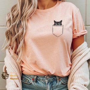 Black Cat Pocketstyle T-Shirt | Black Cat Gifts | Cat Mom T Shirt | Cute Kitty Cat Halloween Shirt | Pet Shirt | Cat Lover Shirt For Women
