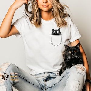 Black Cat Pocketstyle T-Shirt | Black Cat Gifts | Cat Mom T Shirt | Cute Kitty Cat Halloween Shirt | Pet Shirt | Cat Lover Shirt For Women