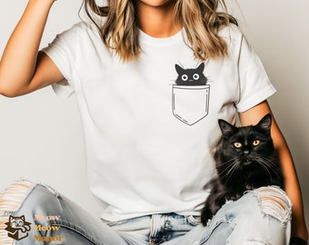 Black Cat Pocketstyle T-Shirt | Black Cat Gifts | Cat Mom T Shirt | Cute Kitty Cat Halloween Shirt | Pet Shirt | Cat Lover Shirt For Women