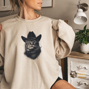 Meowdy Partner Crewneck, Black Cat Lover Sweater, Funny Meme Sweatshirt, Cowboy Kitty Country Western Top, Cat Owner Clothing Gift Cat Mom