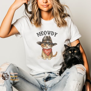 Meowdy Partner Cat Shirt, Black Cat Lover Bellc Canvas 3001, Funny Meme, Cowboy Cat Kitty Country Western Top, Cat Owner Clothing Gift Mom