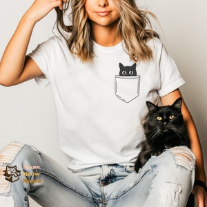 Black Cat Pocketstyle T-Shirt | Black Cat Gifts | Cat Mom T Shirt | Cute Kitty Cat Halloween Shirt | Pet Shirt | Cat Lover Shirt For Women