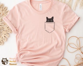 Black Cat Pocketstyle T-Shirt | Black Cat Gifts | Cat Mom T Shirt | Cute Kitty Cat Halloween Shirt | Pet Shirt | Cat Lover Shirt For Women