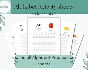 May include: Five printable alphabet activity sheets for kids. Each sheet features a different letter of the alphabet, a picture, and a word. The letters are written in lowercase and the words are written in uppercase.