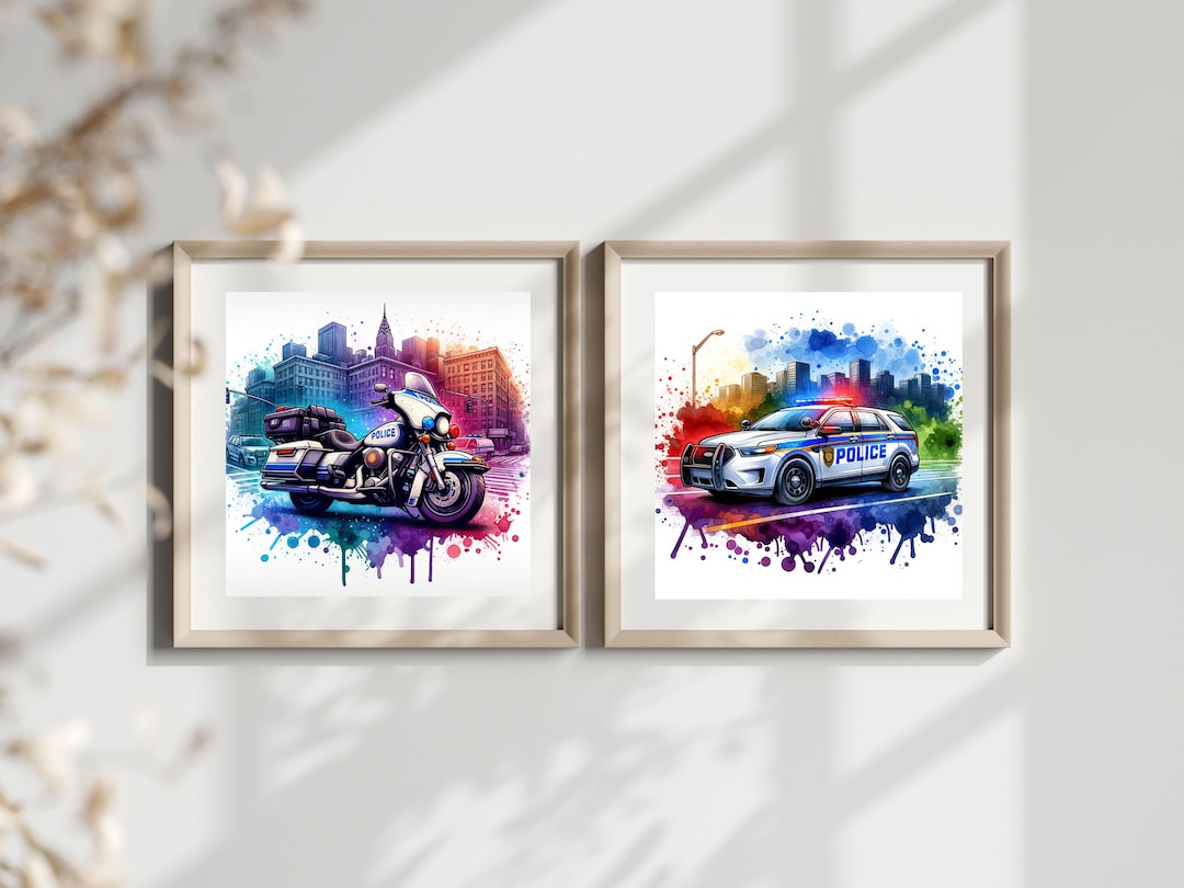 Set of 2 Police Vehicles Posters, Police Motorbike and Car, Watercolor ...