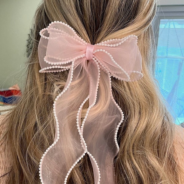 Light pink sheer layered hair bow clip, embellished organza bow clip, long tail hair clip, coquette bow, hair accessories, gift for girl