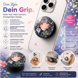 Könnte beinhalten: Ein Handy-Grip mit einem farbenfrohen Design mit einem Anime-Mädchen und einer Eule. Der Grip ist an einem Smartphone befestigt, mit zusätzlichen Bildern, die seine Funktionen zeigen, darunter eine Standfunktion und sicheren Halt. Auf dem Grip steht "Dein Grip."