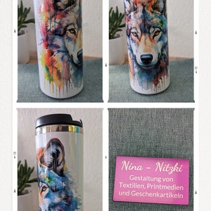 Stainless steel thermal mug with motif**Wolf/Watercolor