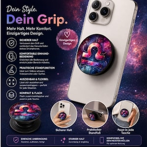 Könnte beinhalten: Ein Handy-Grip mit einem Waage-Sternzeichen-Design vor einem kosmischen Hintergrund aus Lila, Blau und Rosa. Der Grip ist an einem silbernen Smartphone befestigt, mit zusätzlichen Bildern, die seine Funktionen zeigen.