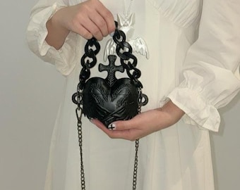 Black Sacred Heart bag with Wings and Cross, Ornate White Winged Heart Sculpture with Pearl Strands, Ethereal Coquette, Victorian Gothic bag
